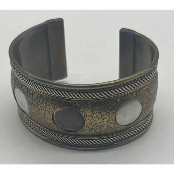 Copper Tone Bronze Tone Silver Tone Multi Bar Open Cuff Bracelet Wide 6.5 in - Picture 1 of 6